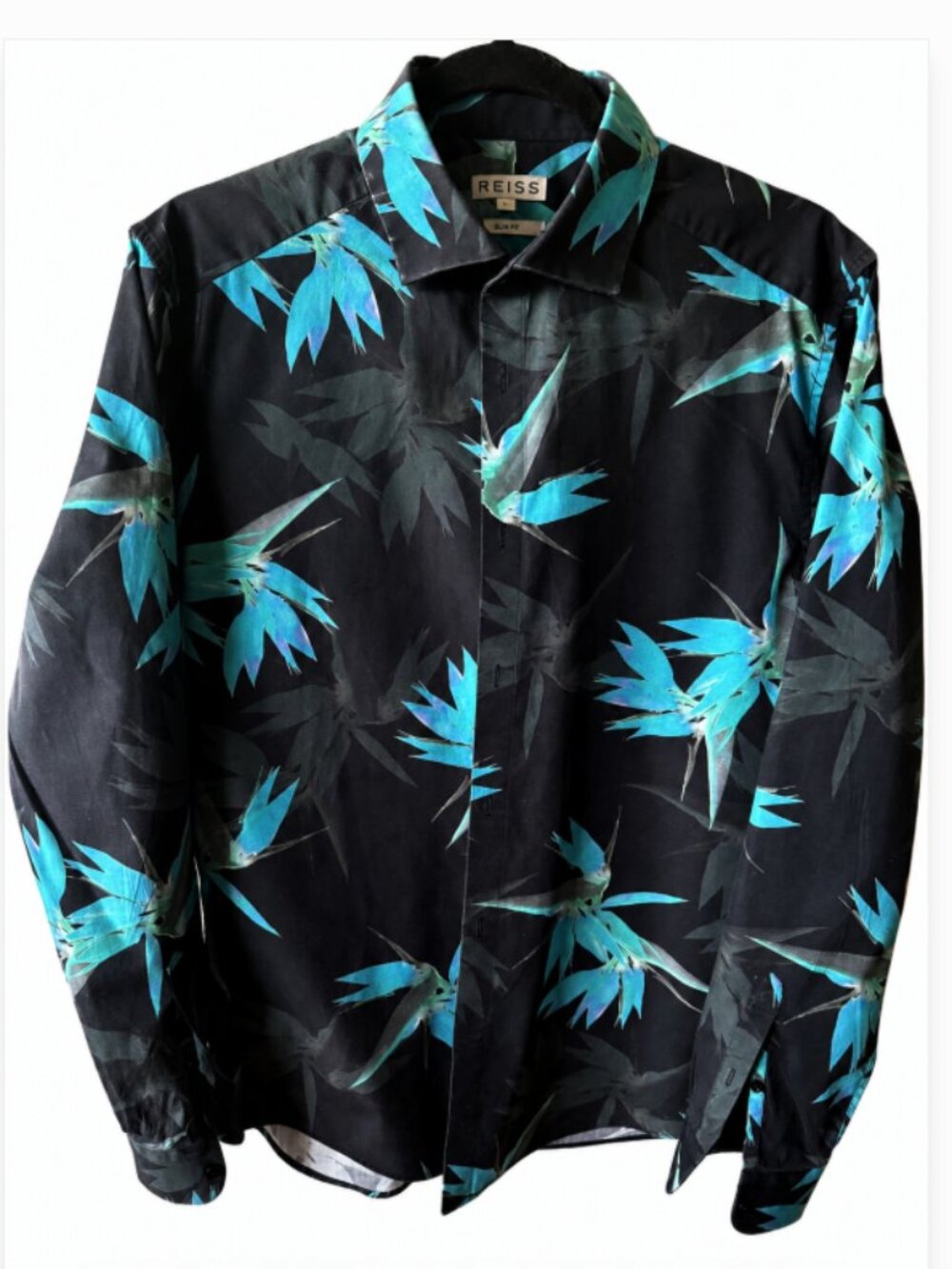 REISS Xandy Men’s L 100% Cotton Foliage Print Slim Fit Shirt Black Teal
